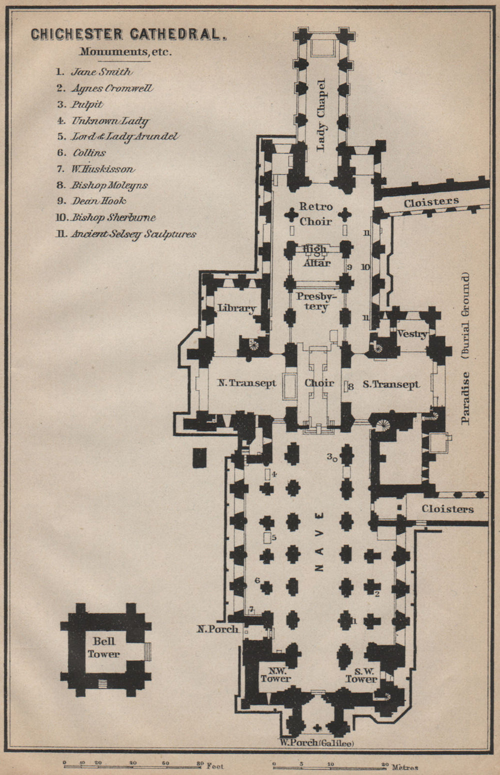 CHICHESTER CATHEDRAL floor plan. Sussex. BAEDEKER 1910 old antique map chart