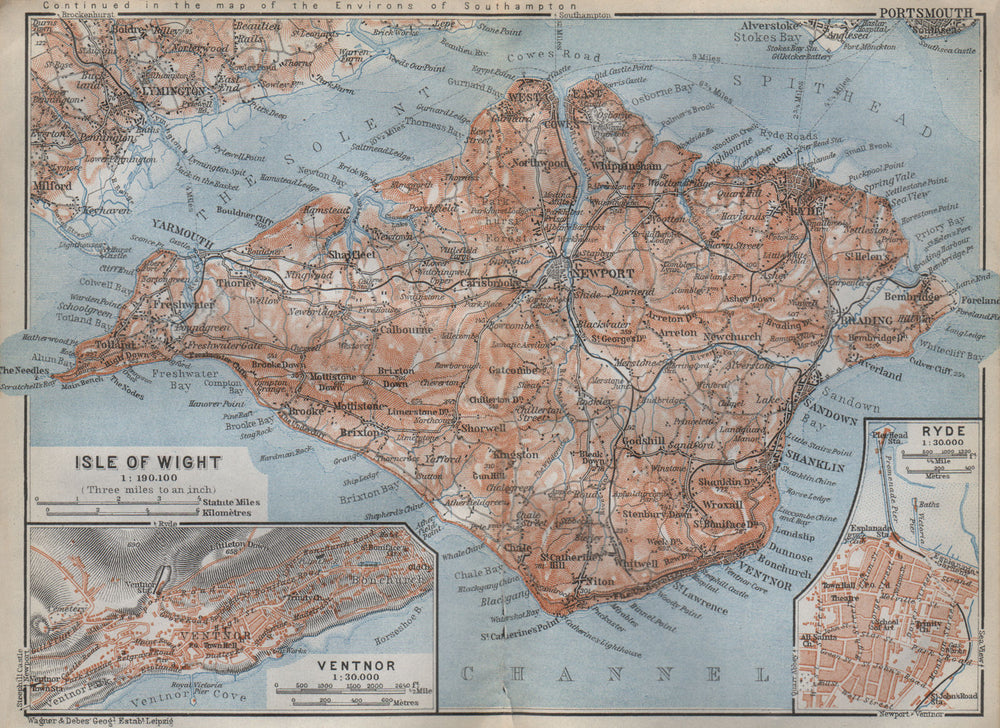 ISLE OF WIGHT Railways. VENTNOR & RYDE antique town plans. BAEDEKER 1910 map