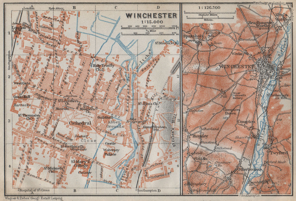 WINCHESTER antique town city plan & environs. Itchen valley. Hampshire 1910 map
