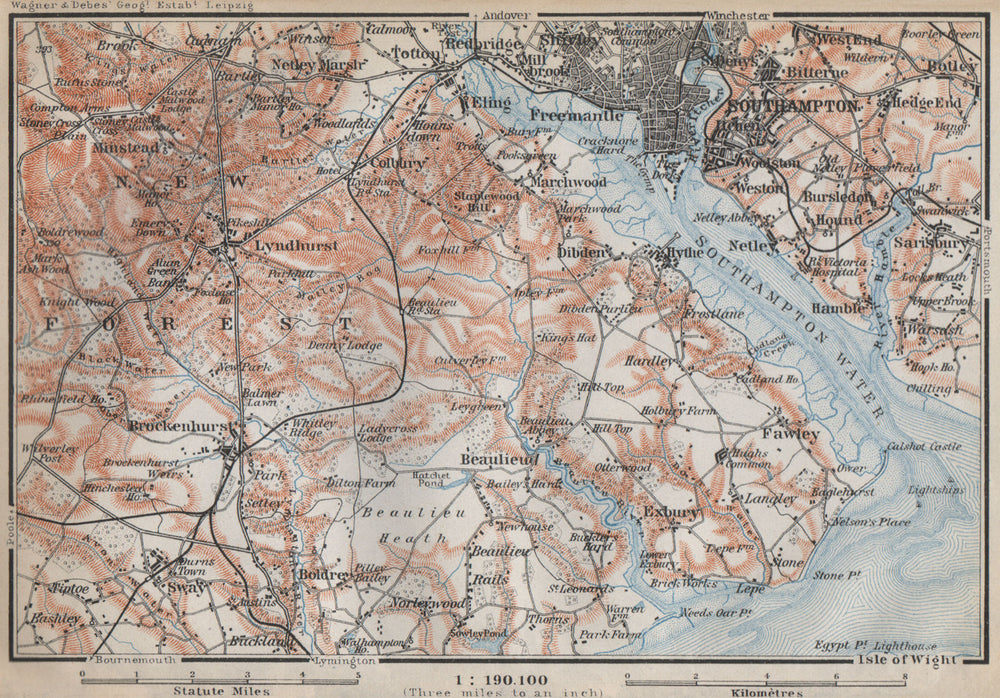 NEW FOREST & SOUTHAMPTON WATER. Lyndhurst Beaulieu Hythe Brockenhurst 1910 map