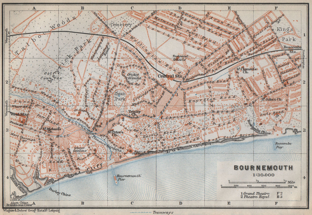 BOURNEMOUTH antique town city plan. West Cliff. Dorset. BAEDEKER 1910 old map