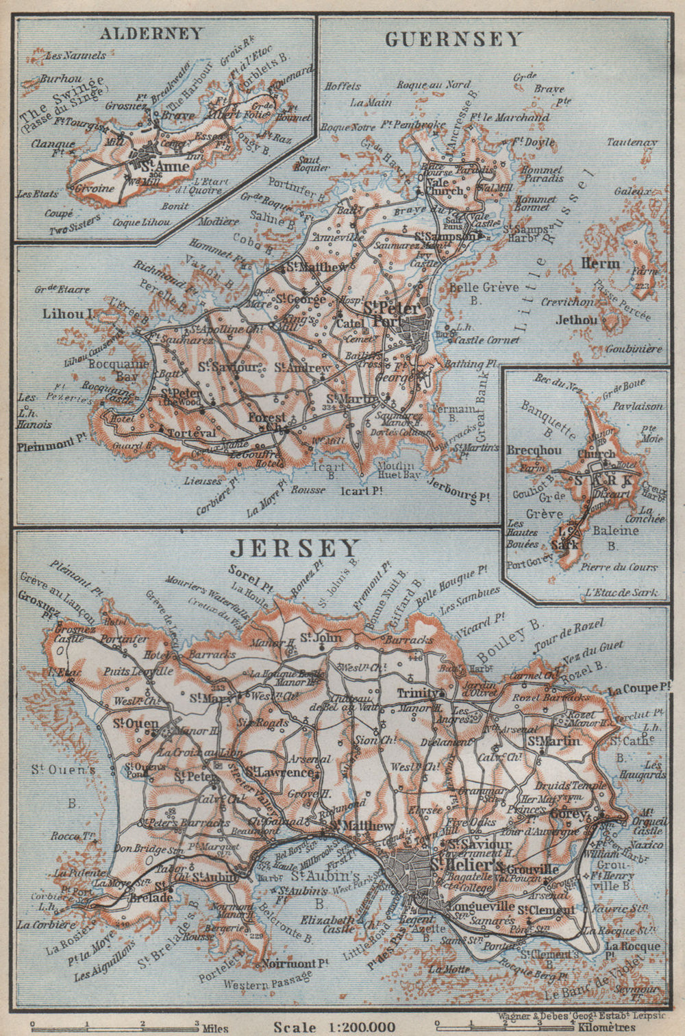 THE CHANNEL ISLANDS. Guernsey Jersey Alderney Sark. BAEDEKER 1910 old map