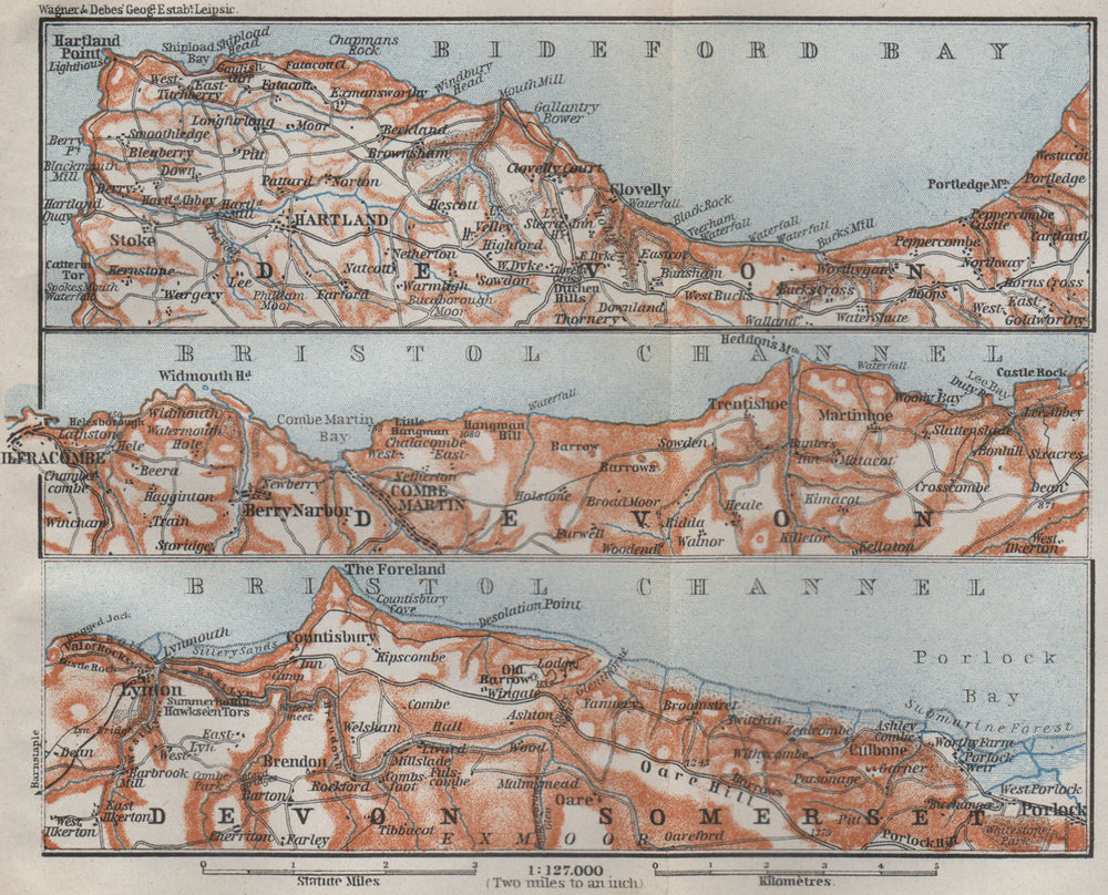 DEVON/EXMOOR NORTH COAST. Hartland Clovelly Ilfracombe Lynton Porlock 1910 map