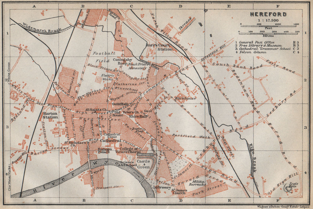 HEREFORD antique town city plan. Broomy Hill. Herefordshire. BAEDEKER 1910 map
