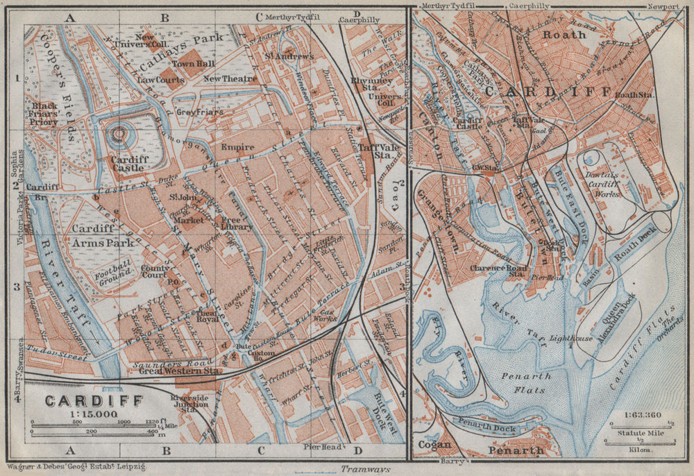 CARDIFF town city plan. St David's Centre Newtown Century Wharf. Wales 1910 map