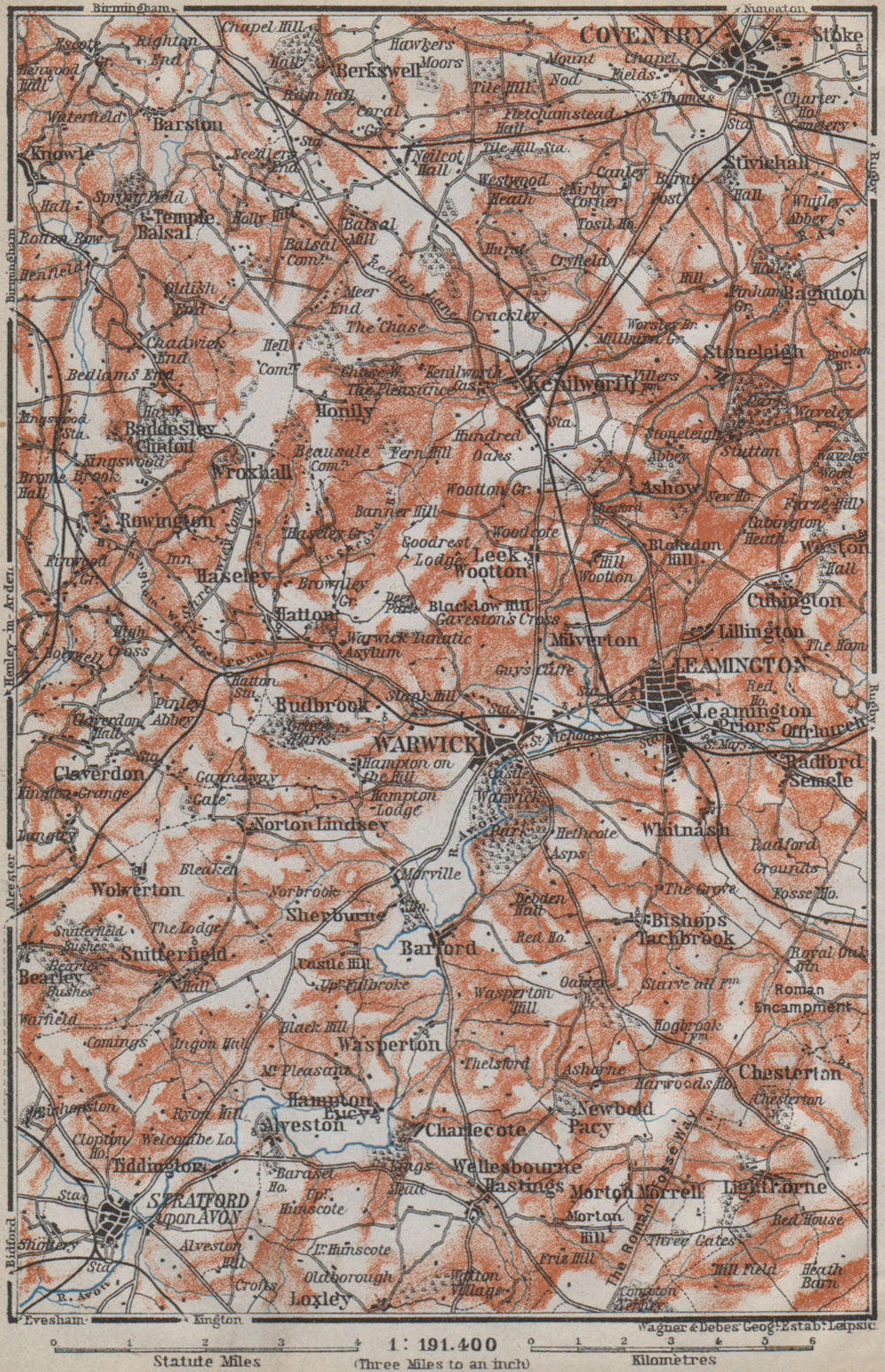 SHAKESPEARE COUNTRY. Warwick Leamington Stratford Kenilworth Coventry 1910 map