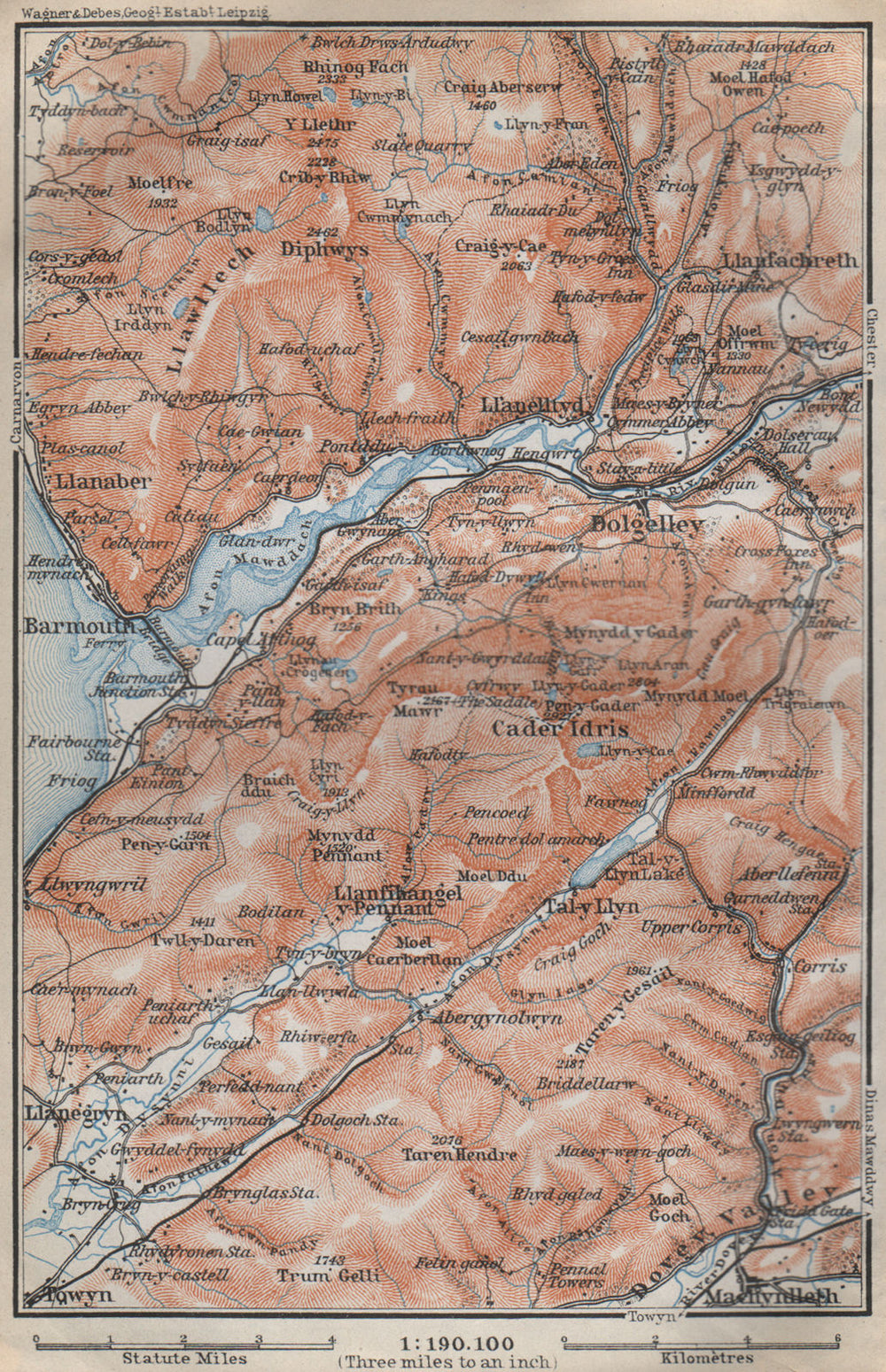 DOLGELLAU area topo-map. CADER IDRIS Barmouth Mawddach river Snowdonia 1910