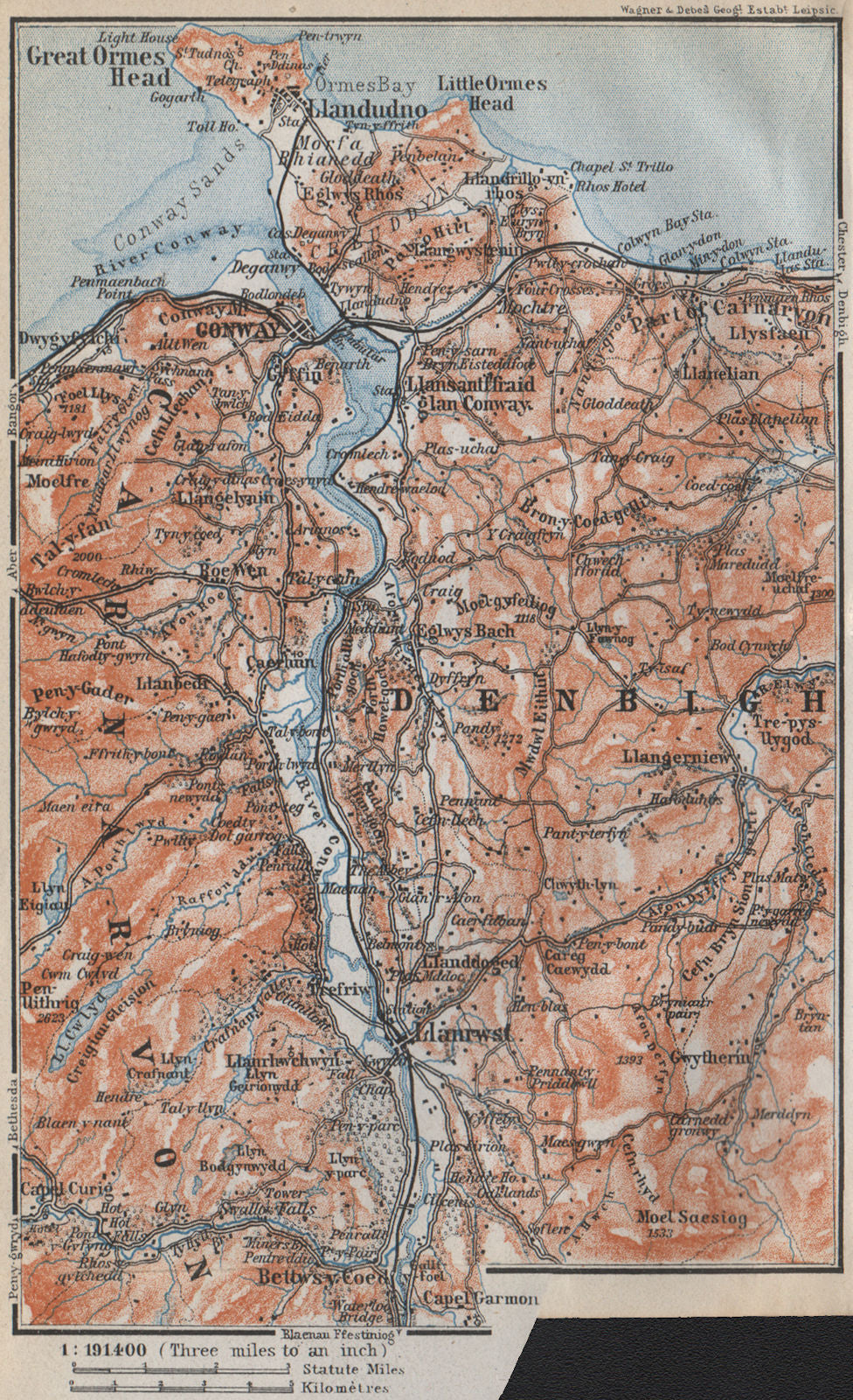 CONWAY / CONWY VALLEY topo-map. Llandudno Llanwrst Betws-y-Coed. Wales 1910