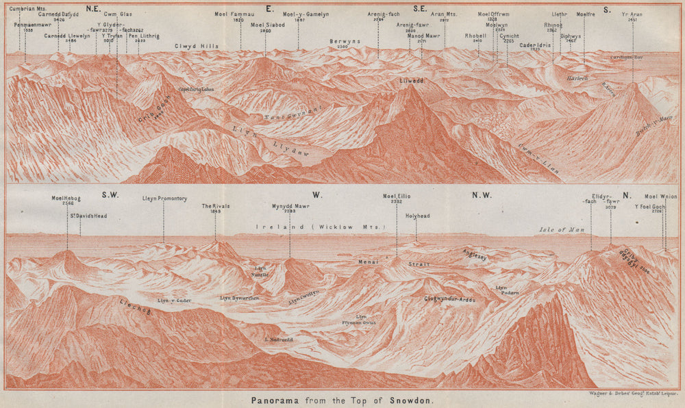 SNOWDON PANORAMA. Snowdonia Harlech Holyhead Isle of Man Ireland Wales 1910 map