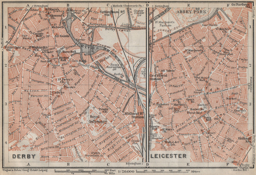 DERBY & LEICESTER antique town city plans. Midlands. BAEDEKER 1910 old map