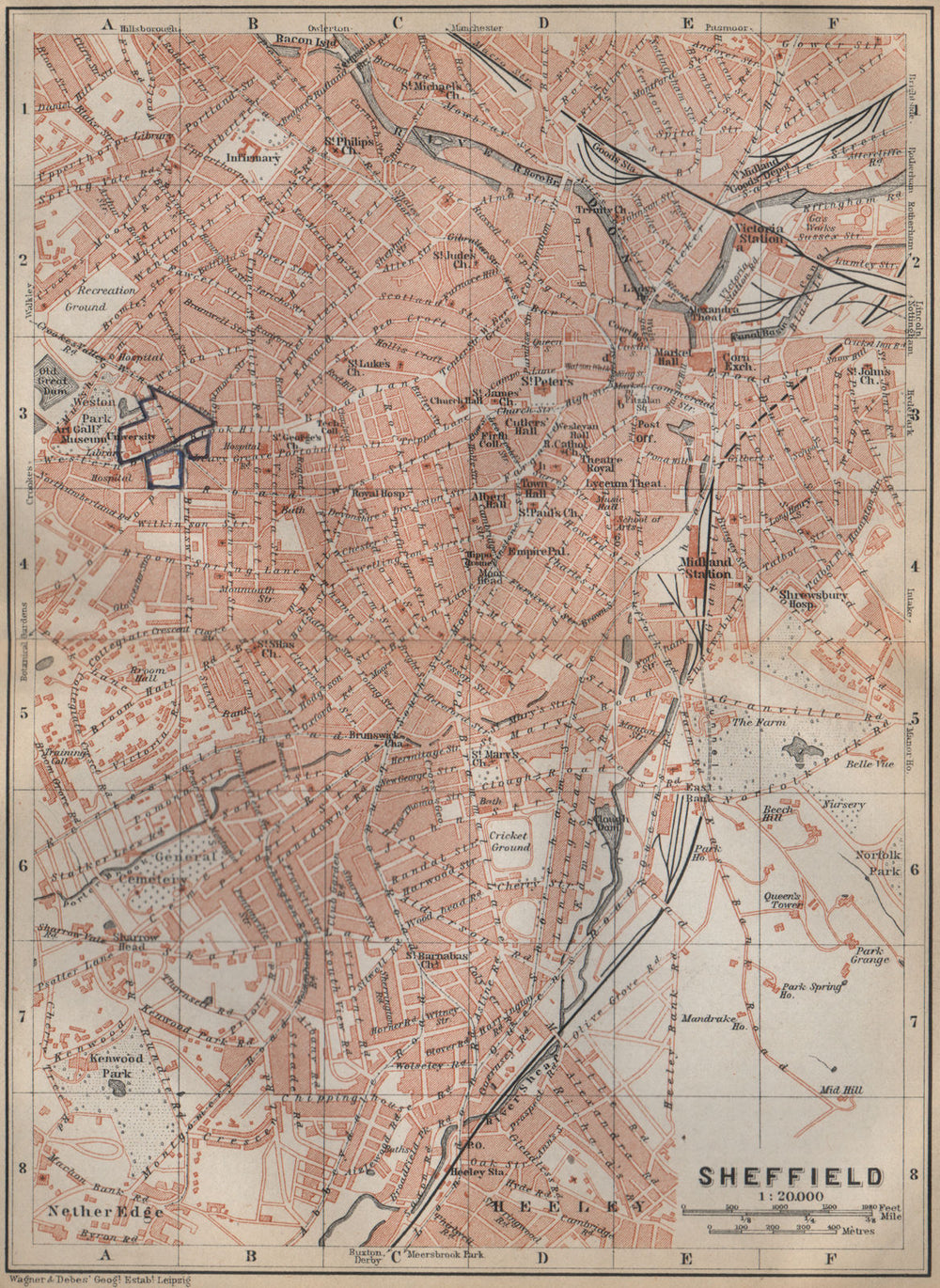 SHEFFIELD town city plan. Broomhall Nether Edge Sharrow. Yorkshire 1910 map