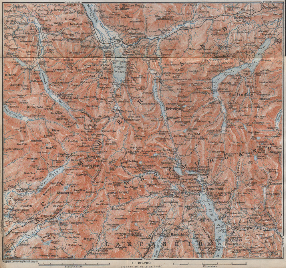 THE LAKE DISTRICT topo-map. Keswick Wimdermere Grasmere Ambleside 1910 old