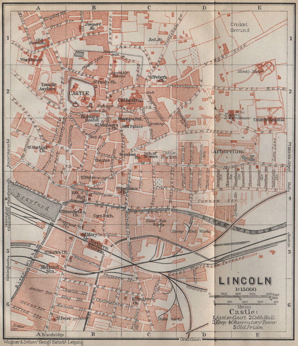 LINCOLN antique town city plan. Lincolnshire. BAEDEKER 1910 old map