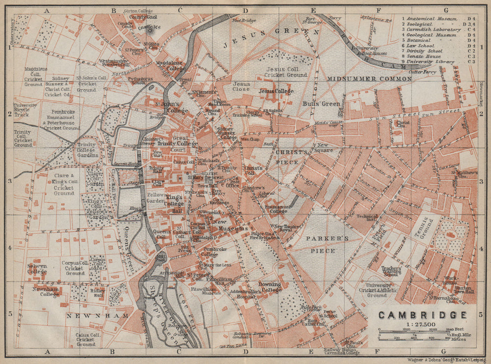 CAMBRIDGE antique town city plan. Colleges. Cambridgeshire. BAEDEKER 1910 map
