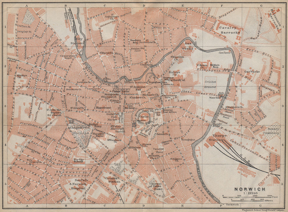 NORWICH antique town city centre plan. Norfolk. BAEDEKER 1910 old map