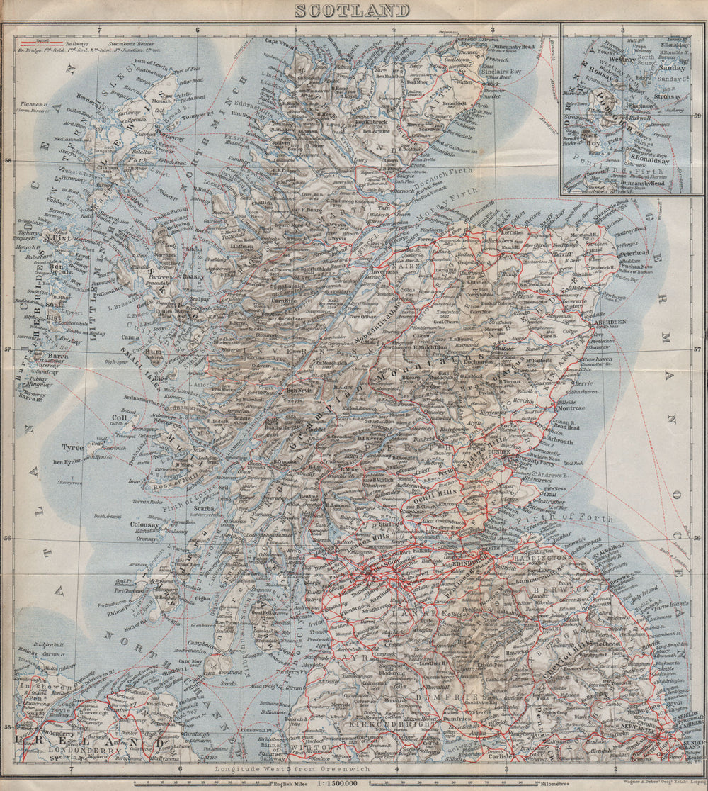 RAILWAY MAP OF SCOTLAND. Steamboat steamship routes. BAEDEKER 1910 old