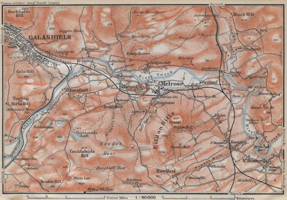 TWEED RIVER VALLEY Melrose Abbotsford Galashiels Eildon Hills Scotland 1910 map