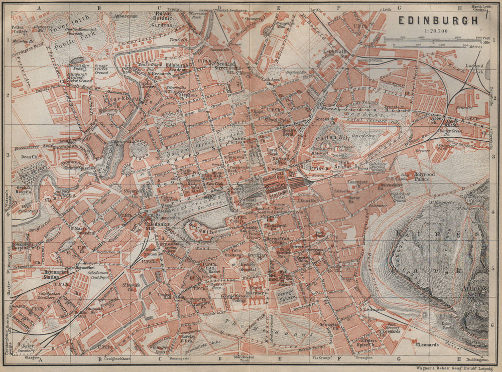 EDINBURGH antique town city centre plan. Scotland. BAEDEKER 1910 old map