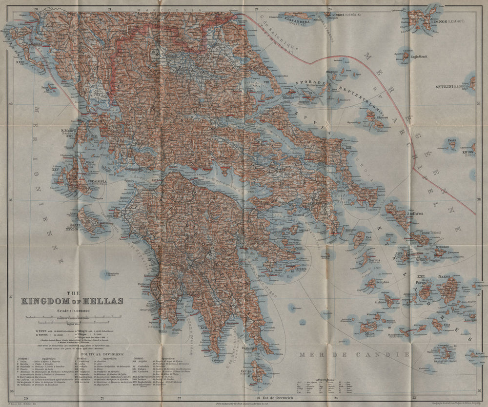 THE KINGDOM OF HELLAS / GREECE before incorporation of Macedonia 1909 old map