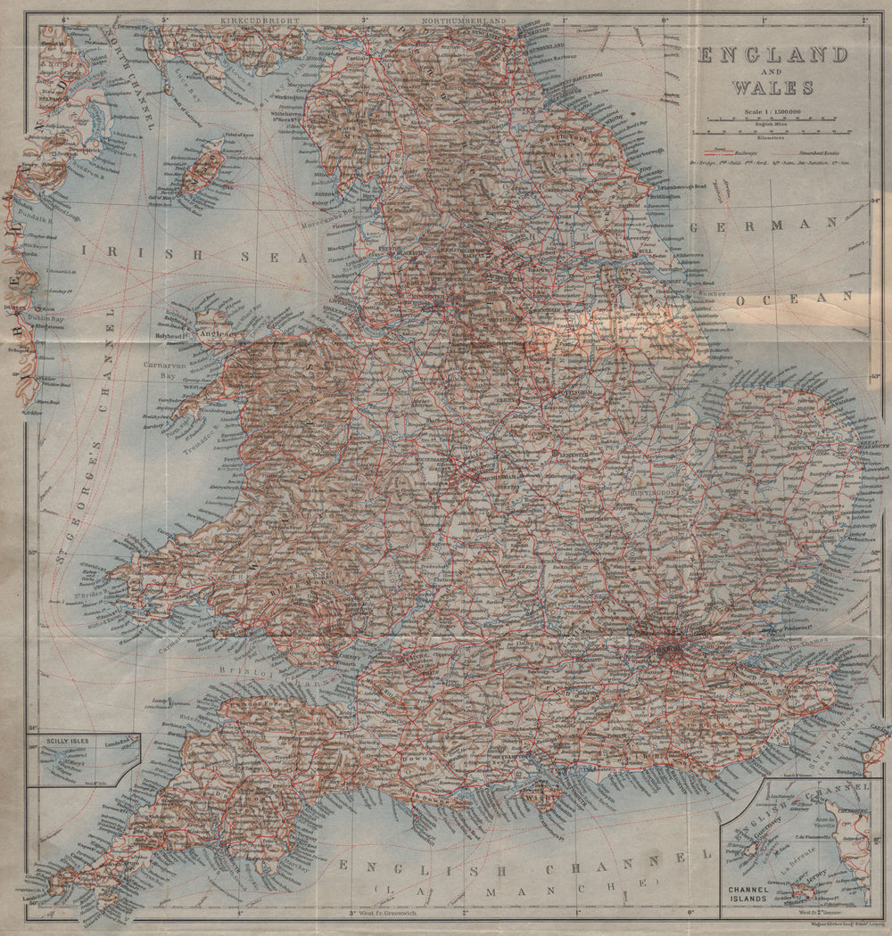 ENGLAND AND WALES. Railways and steamboat routes. UK. BAEDEKER 1905 old map