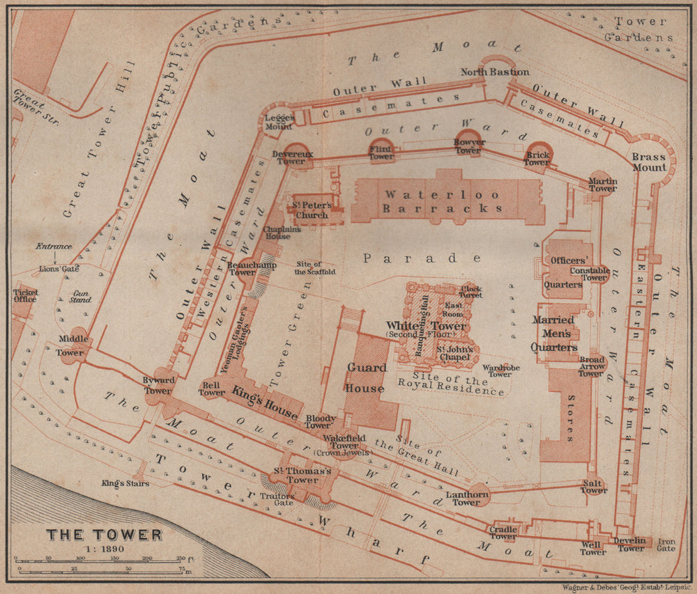 THE TOWER OF LONDON ground plan. BAEDEKER 1905 old antique map chart