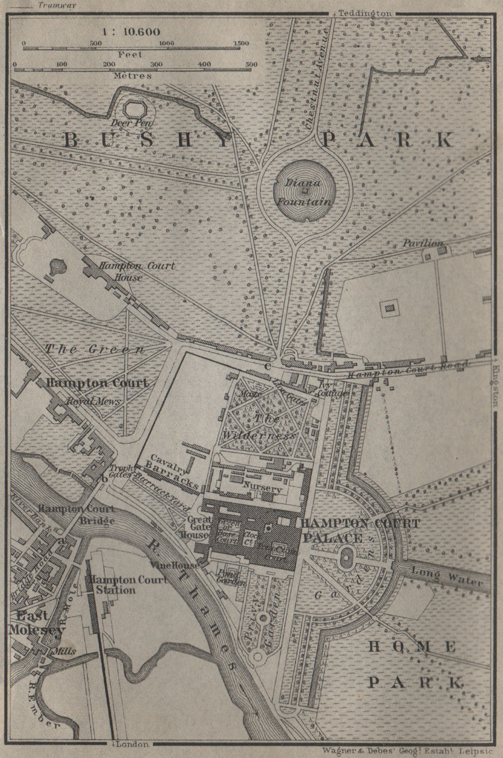 HAMPTON COURT PALACE & BUSHY PARK. East Molesey. London. BAEDEKER 1905 old map