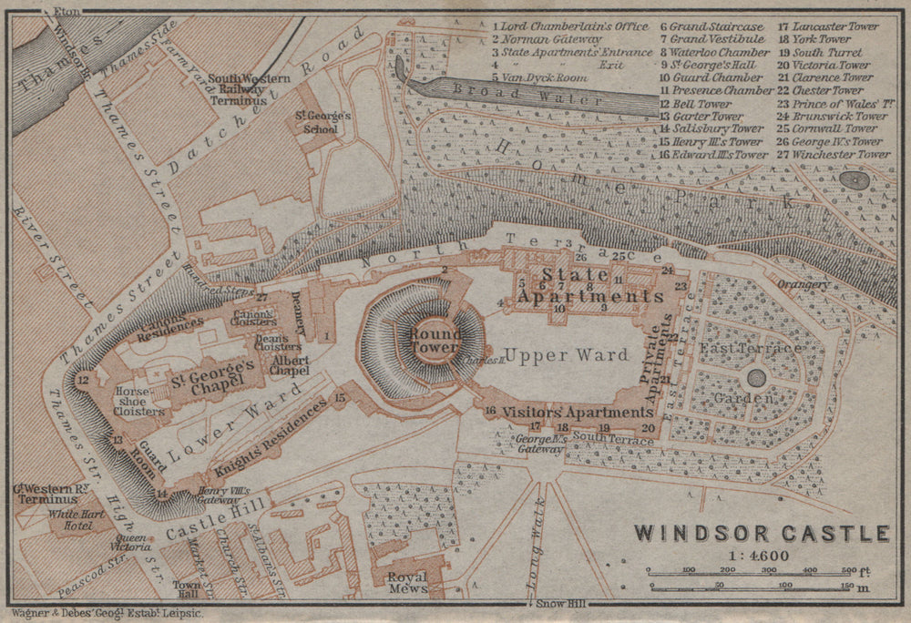 WINDSOR CASTLE ground plan. Berkshire. BAEDEKER 1905 old antique map chart