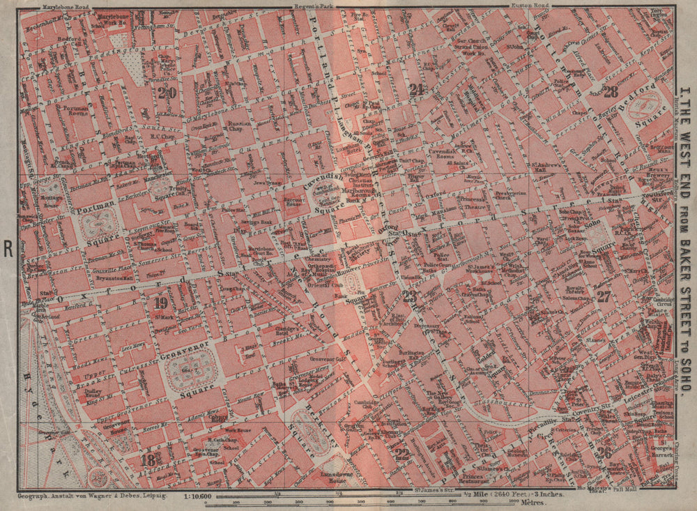 LONDON WEST END. Marylebone Soho Mayfair Fitzrovia Baker Street 1905 old map