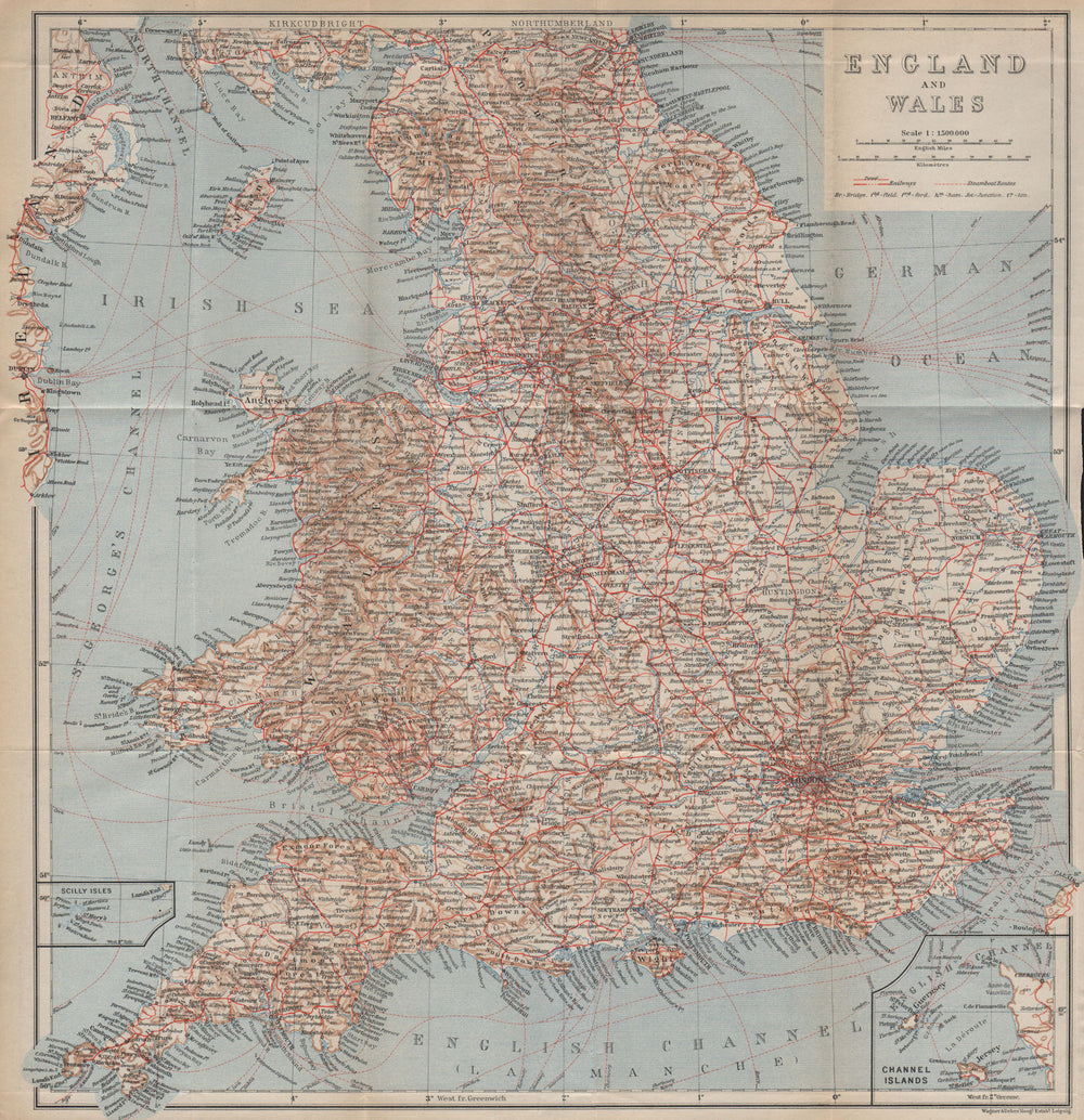ENGLAND AND WALES. Railways and steamboat routes. UK. BAEDEKER 1930 old map