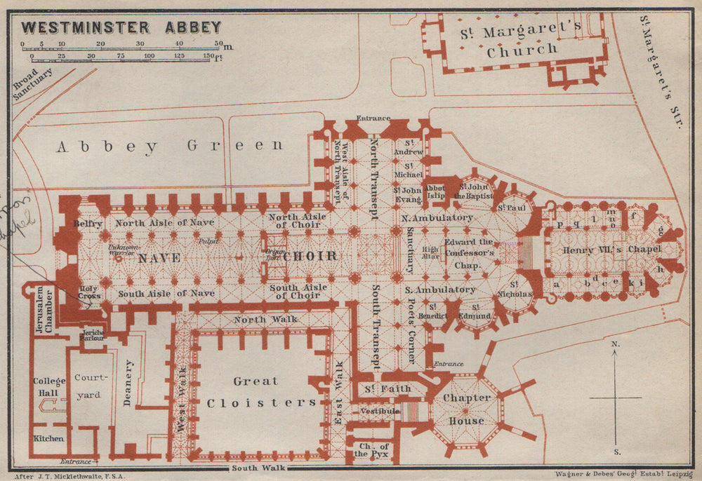 WESTMINSTER ABBEY floor plan. St Margaret's church. London. BAEDEKER 1930 map