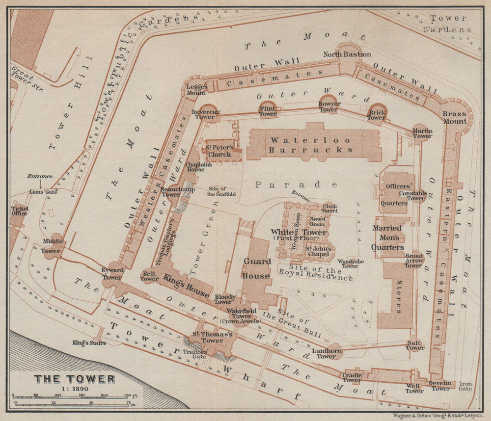 THE TOWER OF LONDON ground plan. BAEDEKER 1930 old vintage map chart