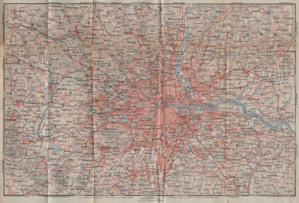 LONDON & HOME COUNTIES showing railways. BAEDEKER 1930 old vintage map chart
