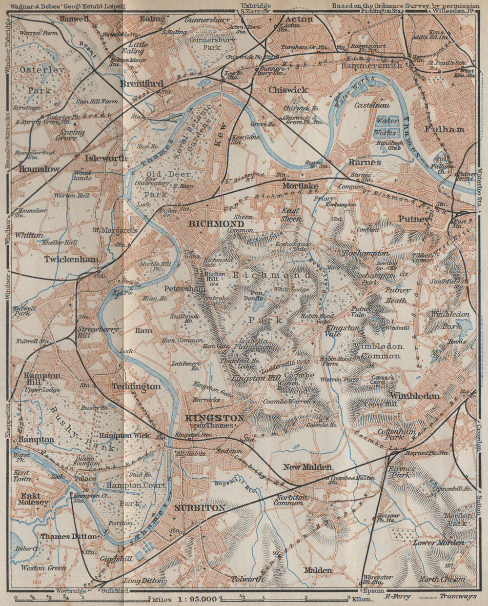 SOUTH WEST LONDON Richmond Kingston Surbiton Putney Chiswick Wimbledon 1930 map