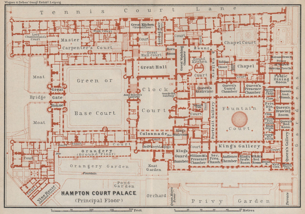HAMPTON COURT PALACE (PRINCIPAL FLOOR) plan. London. BAEDEKER 1930 old map