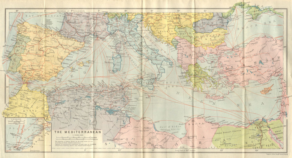 MEDITERRANEAN & BLACK SEAS showing steamship routes & railways 1911 old map