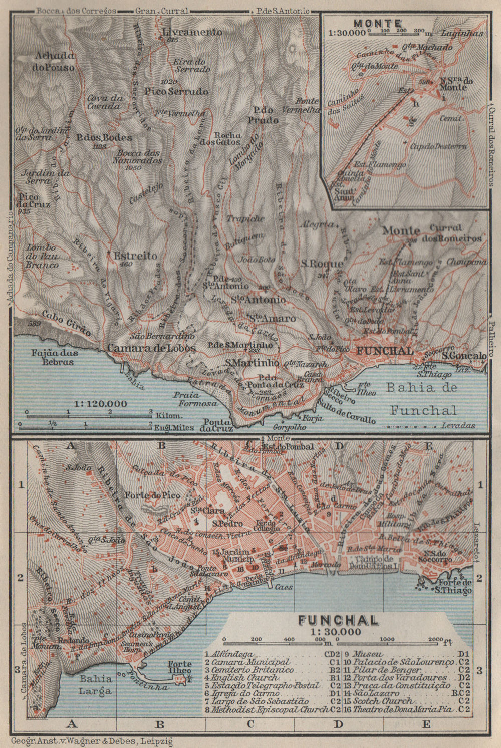 FUNCHAL town city plan & environs. Inset Monte. Madeira, Portugal mapa 1911