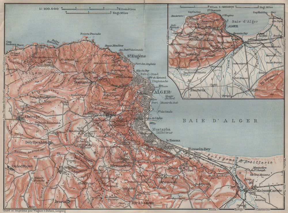 ALGIERS / ALGER environs. Bouzareah Kouba Bologhine/St Eugene Algeria 1911 map
