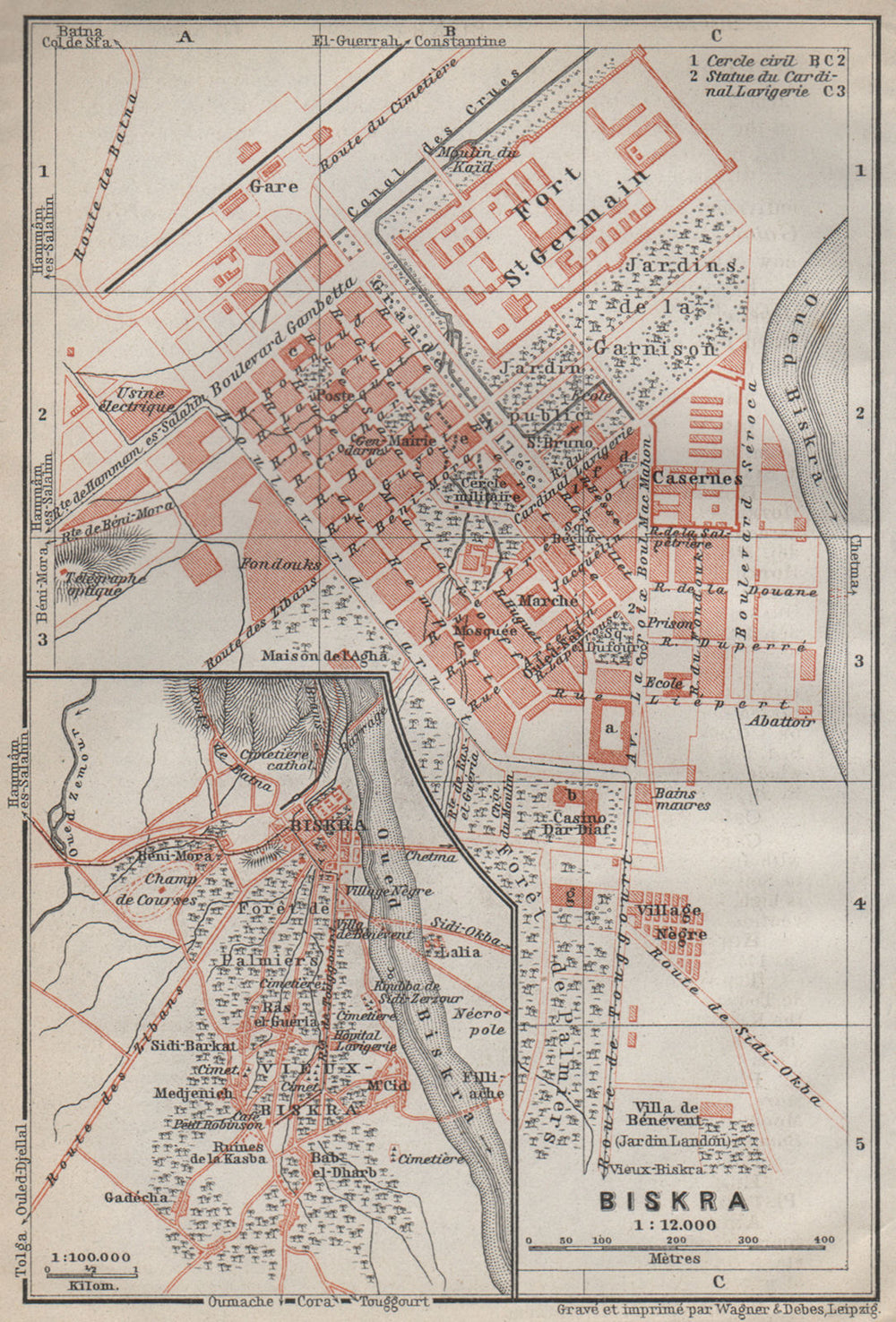 BISKRA antique town city plan & environs. Algeria carte. BAEDEKER 1911 old map