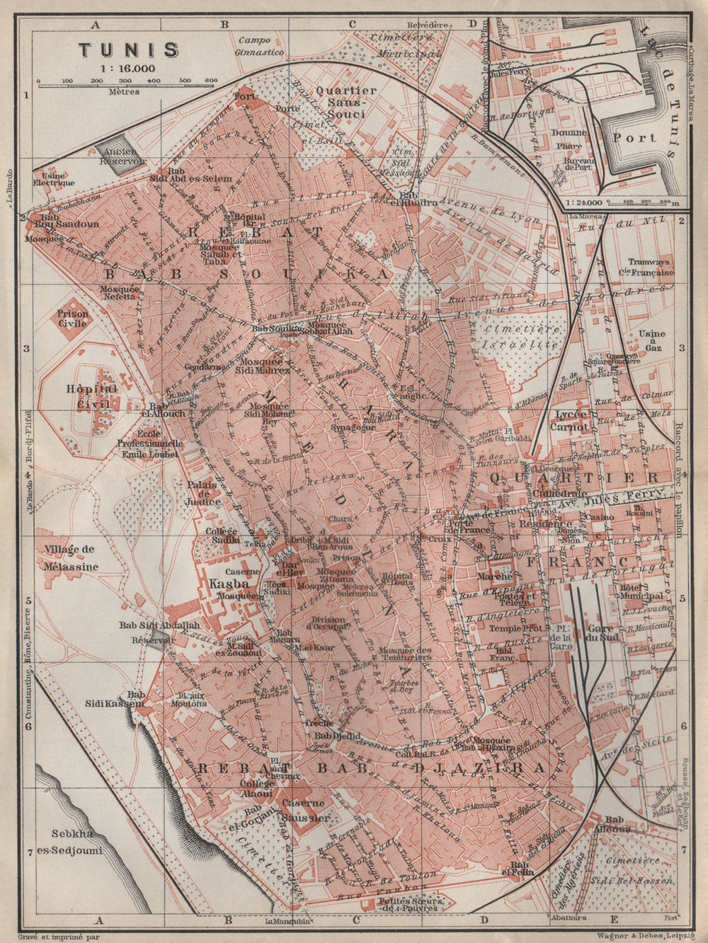 TUNIS antique town city plan. Tunisia carte. BAEDEKER 1911 old map