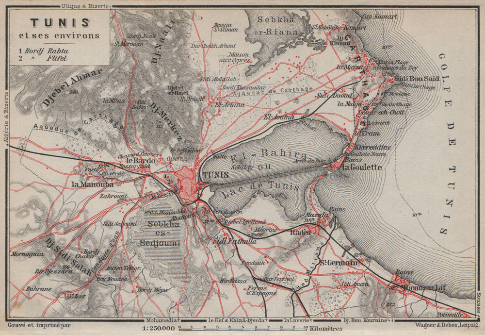 TUNIS & environs. Ariana Carthage La Goulette. Tunisia carte. BAEDEKER 1911 map