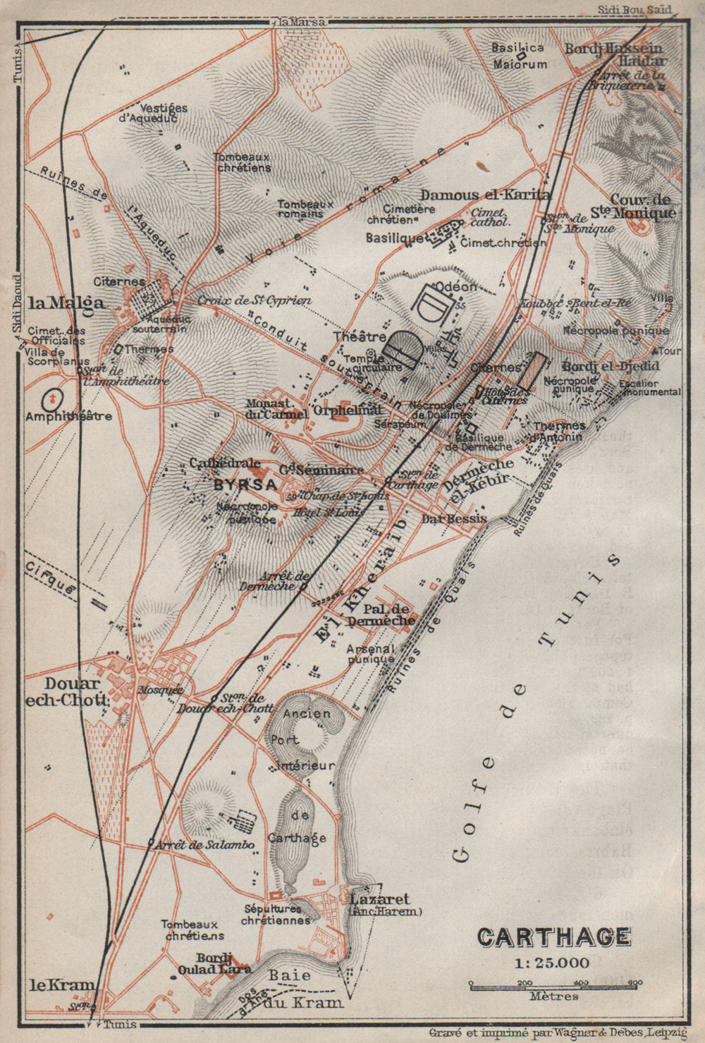 CARTHAGE ground plan. Ancient Carthage ruins. Tunisia carte. BAEDEKER 1911 map