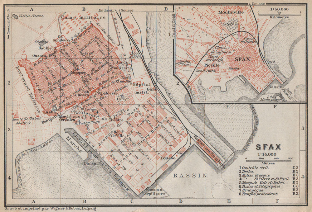 SFAX antique town city plan. Tunisia carte. BAEDEKER 1911 old map