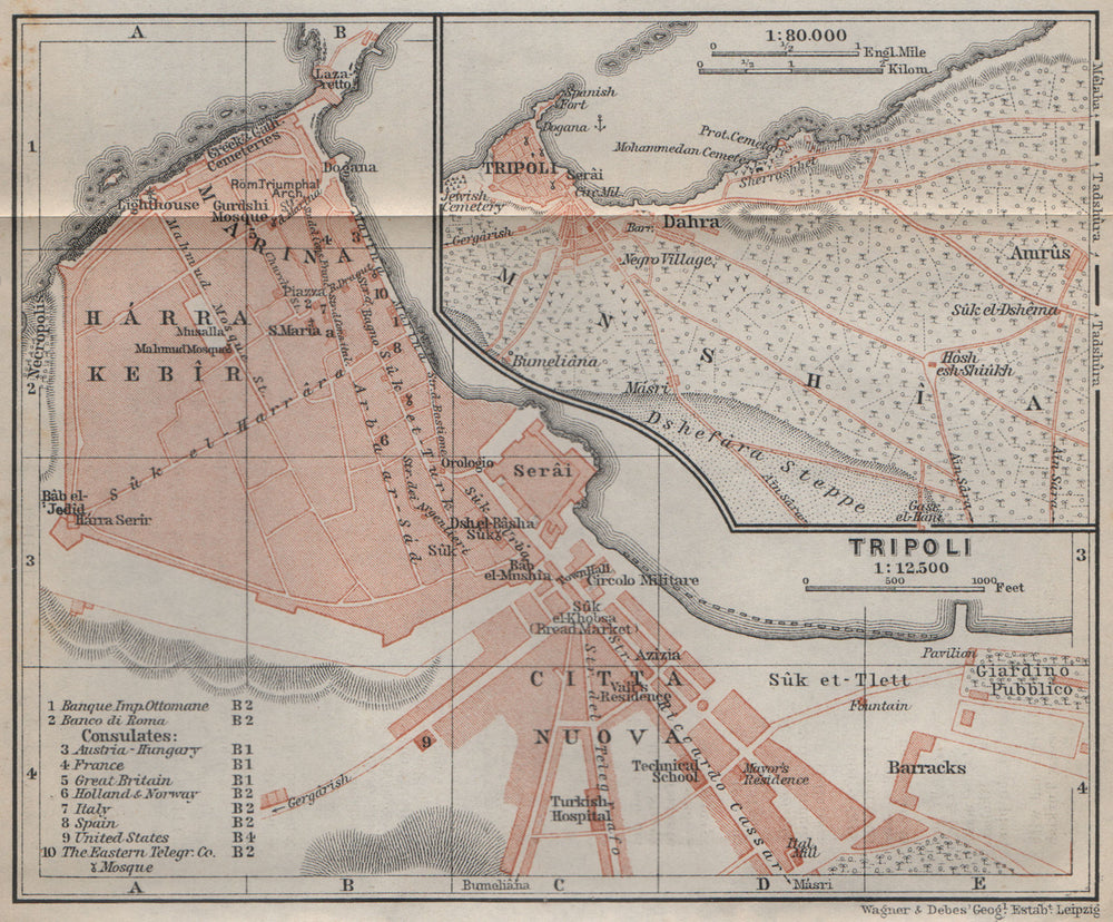 TRIPOLI town city plan & environs. Dahra Citta Nuova Harra Kebir Libya 1911 map