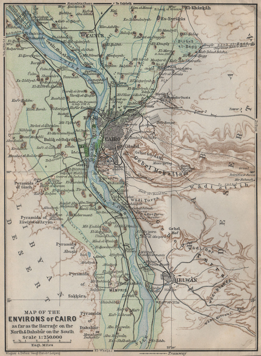 NILE VALLEY / CAIRO ENVIRONS. Memphs Helwan. Egypt. BAEDEKER 1911 old map
