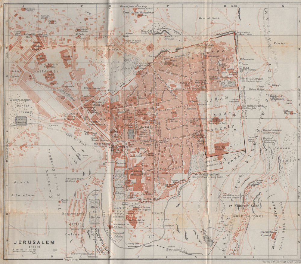 JERUSALEM antique town city plan. Israel. BAEDEKER 1911 old map chart