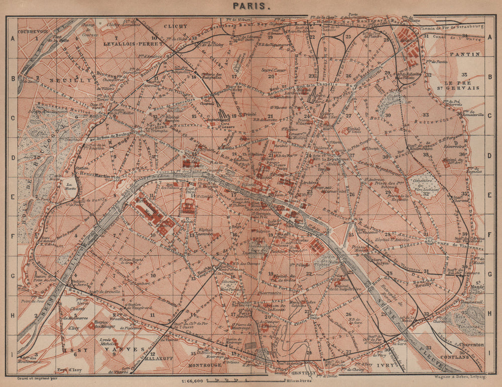 PARIS town city plan de la ville showing city walls. Railways carte 1899 map