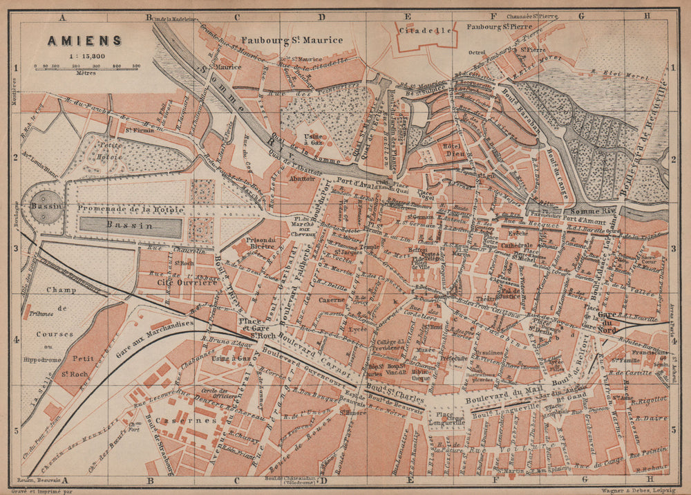 AMIENS antique town city plan de la ville. Somme carte. BAEDEKER 1899 old map