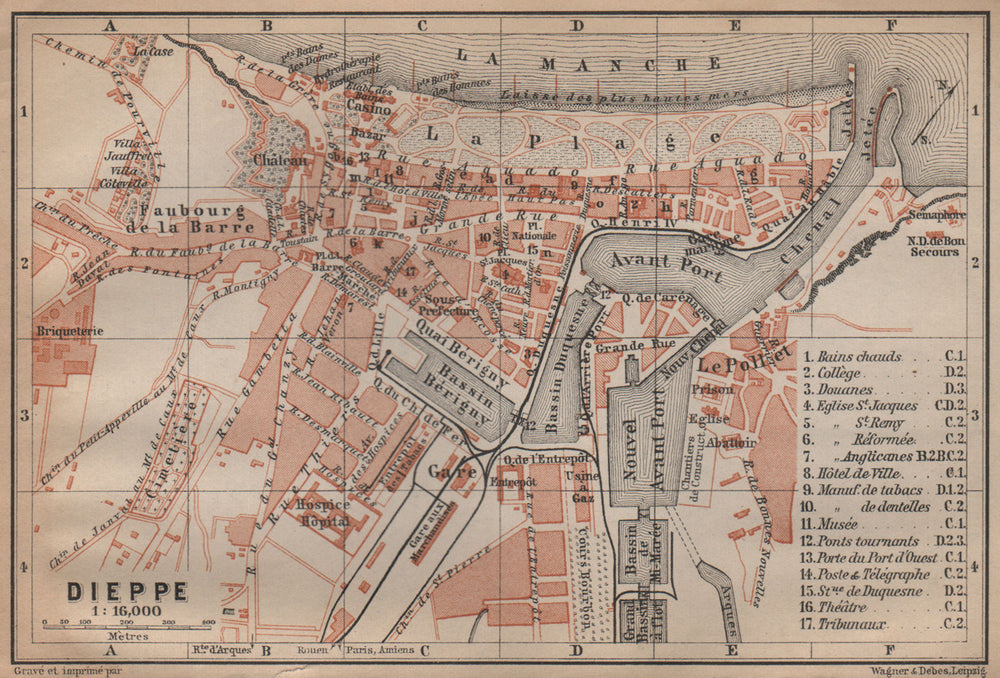 DIEPPE antique town city plan de la ville. Seine-Maritime carte 1899 old map