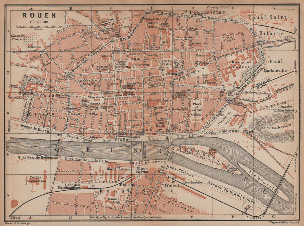 ROUEN antique town city plan de la ville. Seine-Maritime carte 1899 old map