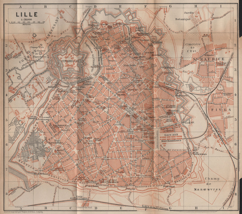 LILLE antique town city plan de la ville. Nord carte. BAEDEKER 1899 old map